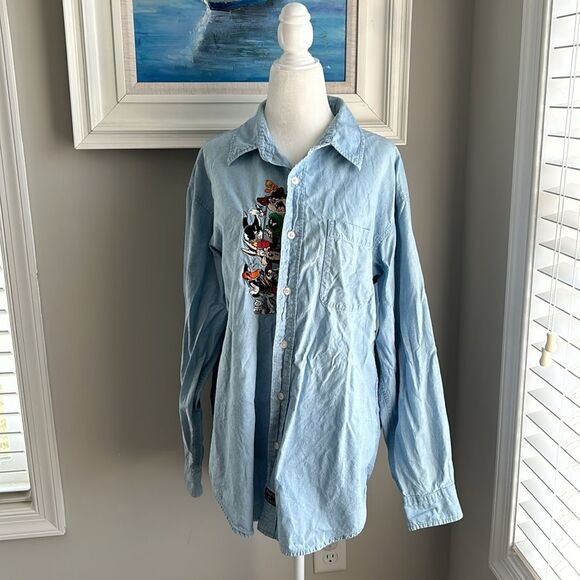 Vintage 90s Warner Brothers Longsleeve Looney Tunes Denim Buttonup Top Medium - Picture 5 of 11